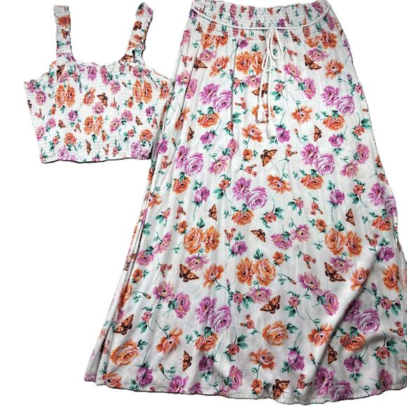 No Boundaries Juniors Smocked Crop Top and Maxi Skirt Set Floral Boho XXL B127 - Picture 1 of 12